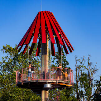 The observation tower at Herberstein Wildlife Park in the evening.